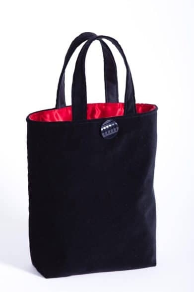 black velvet bag with red satin lining
