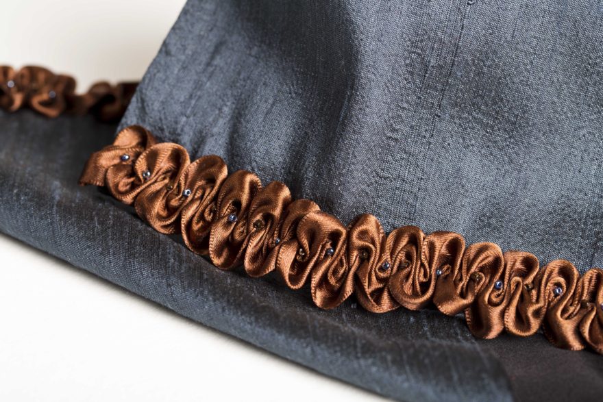 Brown satin ruched ribbon on gunmetal blue silk scarf