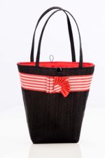 Black silk handbag with red and white striped trim