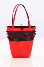 Red silk handbag with vintage black lace