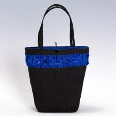 black silk handbag with blue ribbon trim and glass beads
