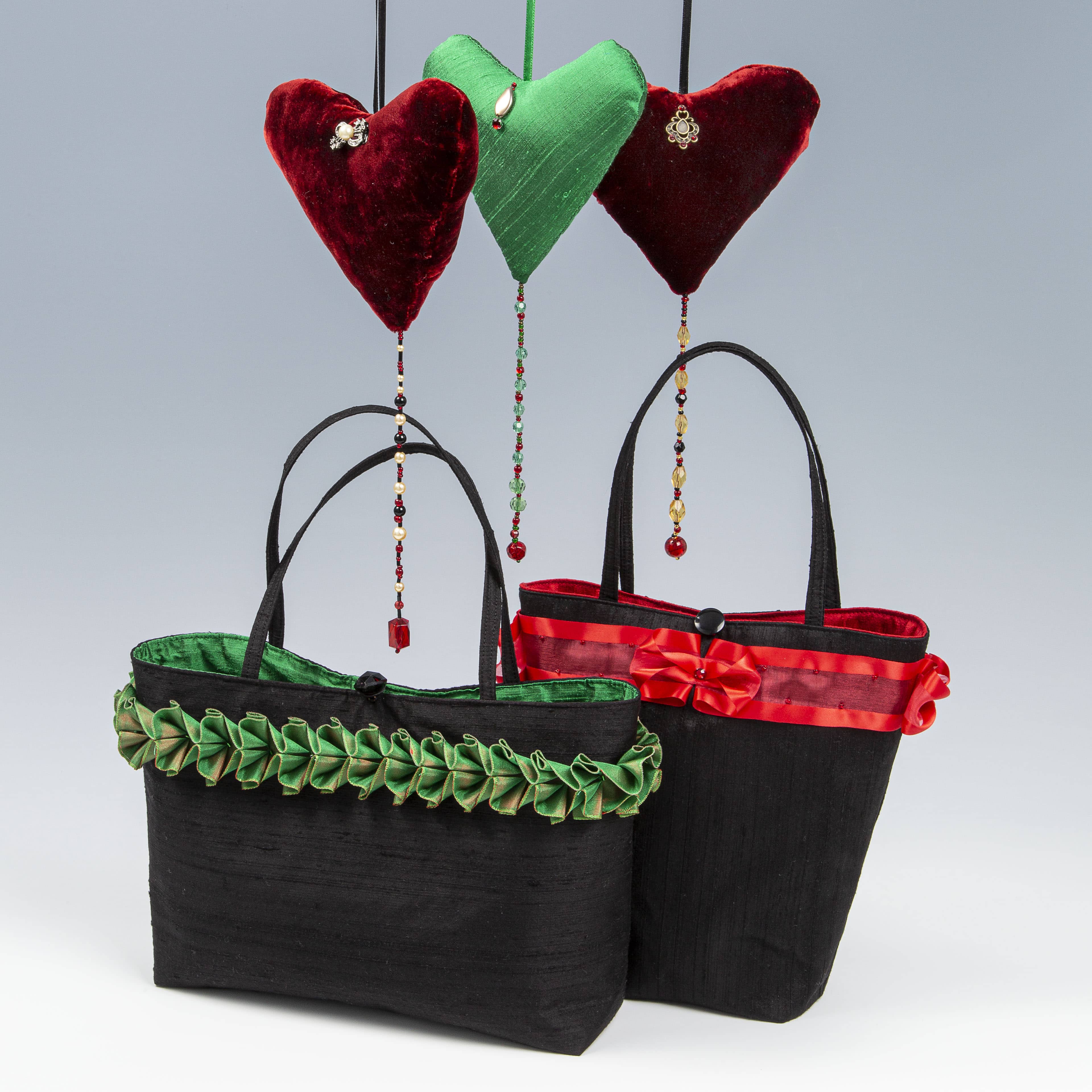 Handbags and hearts in red and green silks